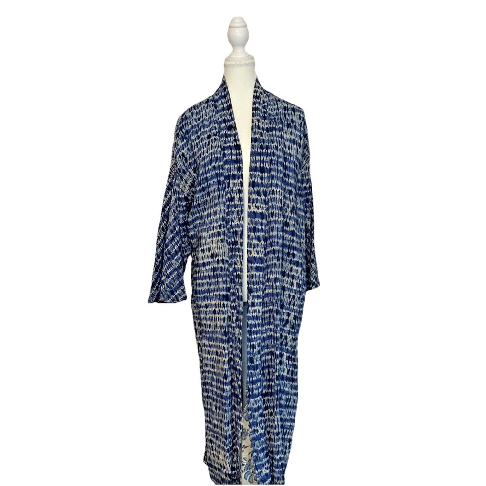 Free People Kimono Duster XS Oversized Blue Batik Floral Lining Festival Boho‎